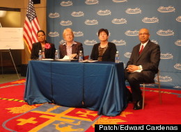 Karen Ridgeway, superintendent of academics for Detroit Public Schools, left, Nancy Schlichting, CEO, Henry Ford Health System, center left, First Lady Sue Snyder, center right, and Thomas Bello, managing partner, New York Life, at the press conference Monday morning. Credit Edward Cardenas