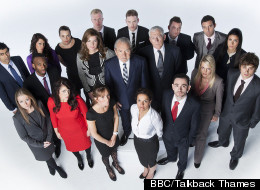 Lord Sugar, Karren Brady and Nick Hewer with the new crop of candidates for The Apprentice 2012