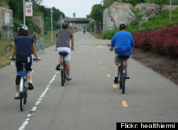 Cyclists on the Dequindre Cut bike path in Detroit. Flick photo by healthiermi.