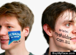 BuyMyFace.com's founders, Ross Harper and Ed Moyse, turn their faces into a billboard for air fresheners.