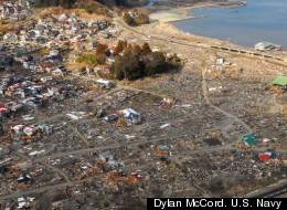 An aerial view of damage to Sukuiso, Japan, a week after the earthquake and subsequent tsunami devastated the area in March, 2011.