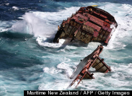 The wrecked ship Rena's stern sunk in rough waters off the coast of New Zealand. (MARITIME NEW ZEALAND / AFP / GETTY )