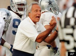 Dallas Cowboys special teams coach Joe Avezzano reacts to punting plays during a scrimmage against the Oakland Raiders Thursday, July 31, 1997, in Austin, Texas. The Raiders won the scrimmage 12-6. (AP Photo/Harry Cabluck)