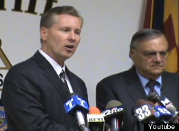 Andrew Thomas, the former Maricopa County attorney, and Sheriff Joe Arpaio at a press conference discussing illegal immigration in 2011. Photo taken from Arpaio's YouTube feed.