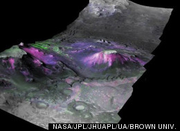 This three-dimensional image of a trough in the Nili Fossae region of Mars shows a type of minerals called phyllosilicates (in magenta and blue hues) concentrated on the slopes of mesas and along canyon walls. The abundance of phyllosilicates shows that water played a sizable role in changing the minerals of a variety of terrains in the planet's early history.