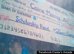 At a block party Saturday, Caine Monroy was presented with a $152,262 check to use towards his college education; the Goldhirsh Foundation will match every dollar up to $250,000 to go towards Caine's Arcade Foundation.