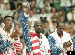 In this Aug. 8, 1992, file photo, United State's Scottie Pippen, Michael Jorden and Clyde Drexler rejoice with their gold medals after beating Croatia, 117-85 in Olympic basketball in Barcelona, Spain. Michael Jordan, Magic Johnson, Larry Bird Scottie Pippen and Karl Malone will be inducted into the basketball Hall of Fame as teammates from the 1992 Olympic basketball