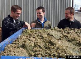EcoScraps (L-R) co-founder Craig Martineau, co-founder Dan Blake and former colleague Brandon Sargent look at mulched food at the EcoScraps facility in Salt Lake City, Utah.