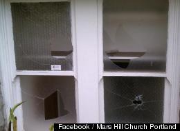 Windows are damaged at Mark Driscoll's Mars Hill Church at Portland, Oregon. Photo credit: Facebook / Mars Hill Church Portland