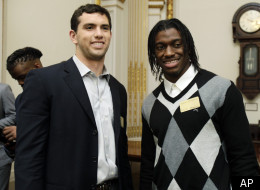 NFL Draft 2012: Andrew Luck, left, and Robert Griffin III visit the New York Stock Exchange, Wednesday, April 25, 2012.