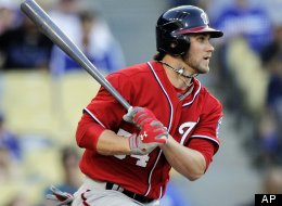 Bryce Harper hits against the Los Angeles Dodgers, Saturday, April 28, 2012.