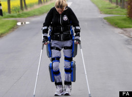 Claire Lomas trains for the London Marathon in a bionic ReWalk suit in lanes near Hull.