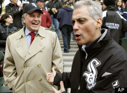 Chicago mayor Richard M. Daley, left, and mayor-elect Rahm Emanuel share a moment about their favorite Chicago baseball teams, before a baseball game between the Chicago White Sox and the Tampa Bay Rays, Thursday, April 7, 2011 in Chicago. Daley a life-long White Sox fan and Emanuel a Cubs fan. (AP Photo/Charles Rex Arbogast)