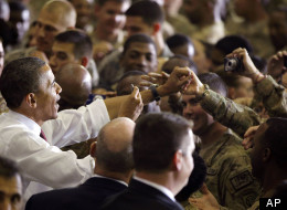 President Barack Obama addresses troops at Bagram Air Field, Afghanistan, Wednesday, May 2, 2012. (AP Photo/Charles Dharapak)