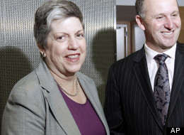 U.S. Secretary of Homeland Security Janet Napolitano, left, is greeted by New Zealand's Prime Minister John Key at parliament house in Wellington, New Zealand, Wednesday, May 2, 2012. (AP Photo/New Zealand Herald, Mark Mitchell)
