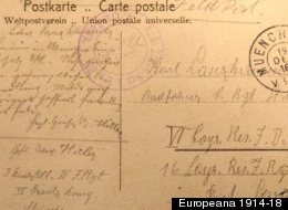 This digitized image shows a WWI-era postcard sent by Adolf Hitler. (Europeana 1914-1918)