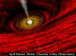 An artist's illustration of the view into a black hole.