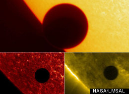 Three views of Venus transit in 2004, taken by NASA's sun-observing TRACE spacecraft. The top image is in visible light; the view on bottom left is in the ultraviolet, and the one on bottom right is in the extreme ultraviolet.