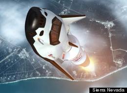 An artistic rendition of the Dream Chaser, a private spacecraft, launching into space.