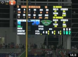 Miami Marlins' Giancarlo Stanton breaks the scoreboard at Marlins Park with a grand slam in the fourth-inning against Jamie Moyer and the Rockies. (MLB)