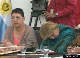 Venezuelan Minister of Education, Maryann Hanson, pictured asleep during a speech by president Hugo Chavez. (YouTube)