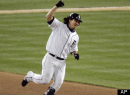 Detroit Tigers' Magglio Ordonez celebrates his three run home run in the ninth inning of Game 4 of the 2006 ALCS, Saturday, Oct. 14, 2006.
