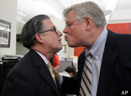 Thomas Duane, right, the New York state Senate's first openly gay man, kisses his longtime partner Louis Webre, after he announced that he will not run for re-election, during a news conference in New York, Monday, June 4, 2012. The 57-year-old Manhattan Democrat's term ends Dec. 31, 2012 and he has no plans to run for office again. (AP Photo/Richard Drew)