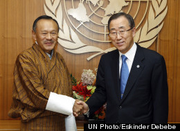 United Nations secretary general Ban Ki-moon meets with Jigmi Thinley, prime minister of Bhutan at a UN meeting on 2 April 2012 titled Happiness and Well-being: Defining a New Economic Paradigm.