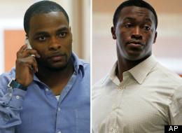 Former Denver Broncos cornerback Perrish Cox, left, talks on his phone as he walks the hallway outside the courtroom in Castle Rock, Colo., on Thursday, March 1, 2012. Denver Broncos wide receiver Demaryius Thomas is shown at the courthouse in Castle Rock, Colo., on Wednesday, Feb. 29, 2012, where he testified in the sexual assult trial of Perrish Cox. (AP Photo/Ed Andrieski)