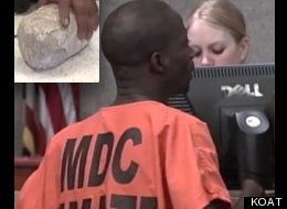 The rock (left) that Koffi Mbairamadji allegedly threw into a KFC window on Friday.