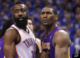 Los Angeles Lakers forward Metta World Peace, left, and Oklahoma City Thunder guard James Harden (13) jockey for position as they wait for the ball to be inbounded during the first quarter of Game 1 in the second round of the NBA basketball playoffs, in Oklahoma City, Monday, May 14, 2012. (AP Photo/Sue Ogrocki)