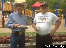 North Dakota gubernatorial nominee Ryan Taylor (left) at the Aneta Turkey Barbecue.