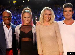 Britney Spears, Demi Lovato, L.A. Reid and Simon Cowell pose during the San Francisco