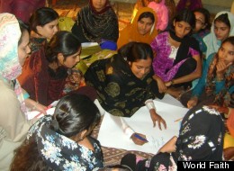 A scene from World Faith Pakistan's project where volunteers give women basic literacy and life skills training