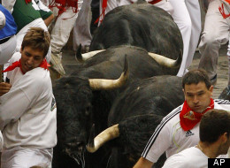 The running of the bulls of the San Fermin festival, in Pamplona Spain, Saturday, July 7, 2012. (AP Photo/Daniel Ochoa de Olza)