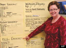 In this June 8, 2012, photo, Dr. Viola LaFontaine, superintendent of the Williston, N.D., Public School District No. 1, points to all the positions that McVay Elementary needs filled before it re-opens this fall, in Williston, N.D. To keep pace with the expected influx of students, school officials are hiring 52 new teachers, adding dozens of modular classrooms and reopening the old McVay Elementary school that shuttered a dozen years ago due to declining enrollment after the region's first oil