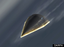 An artist's illustration of DARPA's Hypersonic Technology Vehicle 2 (HTV-2) travelling at 13,000 mph, or Mach 20, during its Aug. 11, 2011 test flight.