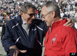 Penn State head coach Joe Paterno, left, chats with Ohio State head coach Jim Tressel, right, before the start of their NCAA college football game in State College, Pa., Saturday, Nov. 7, 2009. Ohio State won 24-7.(AP Photo/Carolyn Kaster)