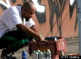 Detroit's 4731 Gallery and local graffiti muralist Sintex have organized an effort to decorate 15 buildings on Detroit's Grand River Avenue with grafitti murals. Originally they had planned to do the project over a year or two, but decided it would make more of an impact to do it in a few weeks and recruited several artists to help them with the makeover. (Venti Visuals)