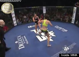 MMA fighter Veronica Rothenhausler approaches Ashlee Evans-Smith in a Women’s Featherweight Championship match.
