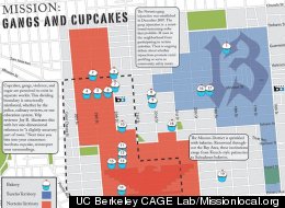 Mission Possible map showing gang territory vs. cupcake shops.