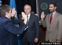 Mohamed Elibiary (right) being sworn into Homeland Security Advisory Council by Department of Homeland Security Secretary Janet Napolitano in October 2010.