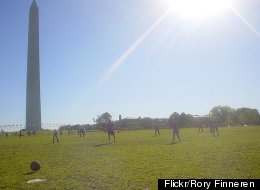 D.C.'s young adults play kickball in front of the Washington Monument