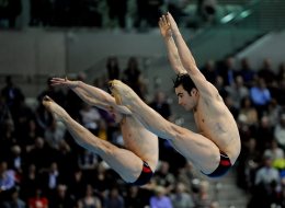 Canada's Alexandre Despatie and Reuben Ross in the Men's Synchronised 3m Springboard Final during the 18th FINA Visa Diving World Cup at the Aquatics Centre in the Olympic Park, London. (PA)