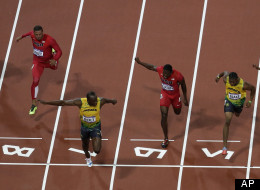 Jamaica's Usain Bolt crosses the finish line to win gold in the men's 100-meter final during the athletics competition in the Olympic Stadium at the 2012 Summer Olympics, Sunday, Aug. 5, 2012, in London. (AP Photo/Mark Duncan)