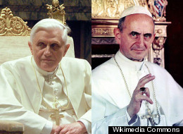 On the left, Pope Benedict XVI and on the right, Pope Paul VI