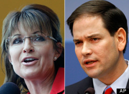Former Alaska Gov. Sarah Palin (R) and Sen. Marco Rubio (R-Fla.). (AP Photos/Stephan Savoia /Jacquelyn Martin)