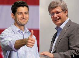 Mitt Romney's newly-minted running mate Paul Ryan has praised Canada and its Conservative government for tax cuts while taking a dim view of the Canadian public health care system. (CP)