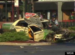 The wreckage after an accident early Tuesday that killed one pedestrian. (WGN)