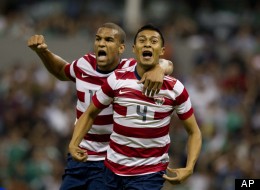U.S Michael Orozco, right, celebrates with teammate Terrence Boyd after scoring during a friendly soccer game against Mexico in Mexico City, Wednesday, Aug. 15, 2012.